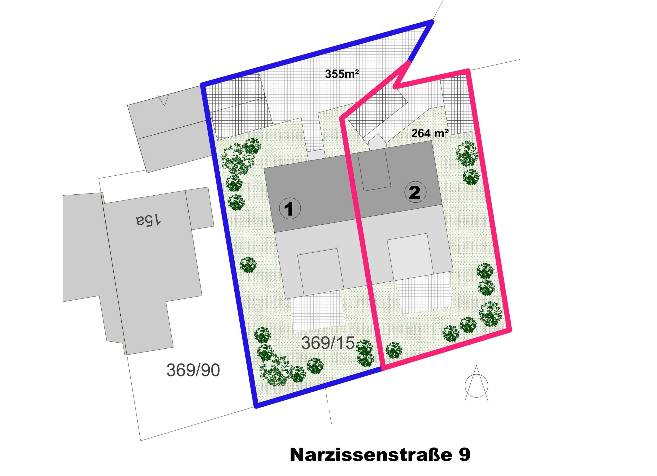 Teilung einer Grundstücksfläche in Blau und Rot hervorgehoben mit Flächenangaben und Bebauung.