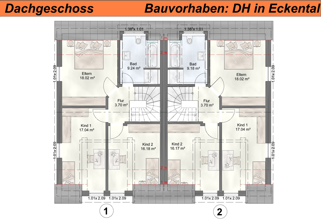 Grundriss eines Dachgeschosses mit zwei Wohnungen, jeweils mit zwei Kinderzimmern, Bad und Elternzimmer.