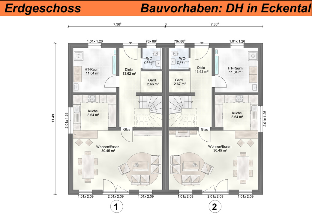 Architektonischer Grundriss eines Erdgeschosses mit zwei Wohnungen in Eckental.