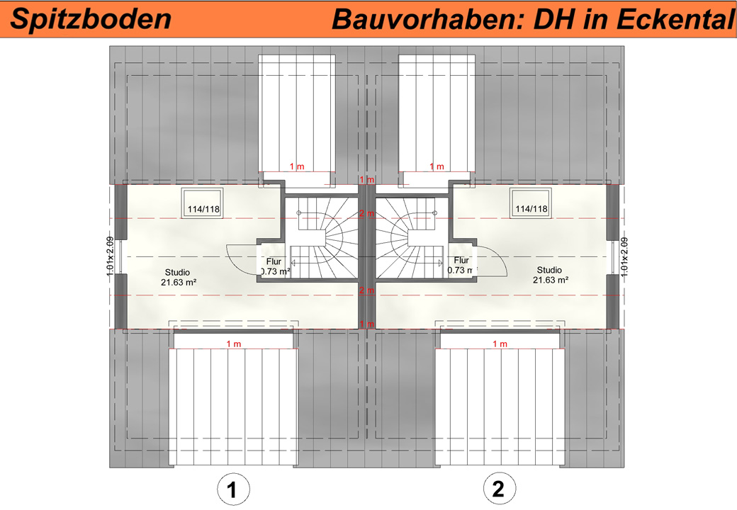 Grundriss eines Spitzbodens mit zwei Studios, Treppe in der Mitte, maßstabgetreu, in Grau.